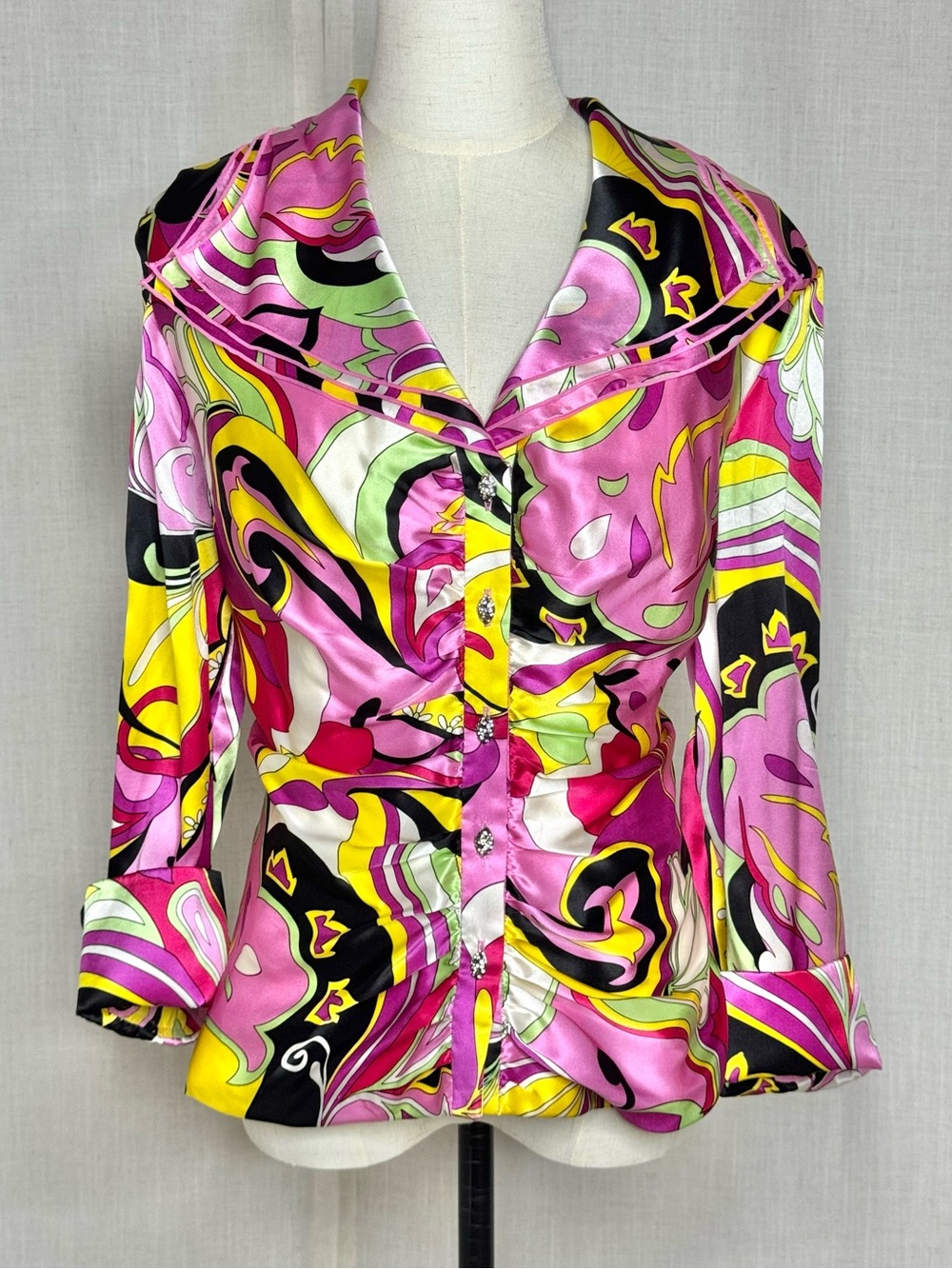 Cachet Vintage 100% Silk Retro Abstract Floral Blouse Crystal Buttons Size 14